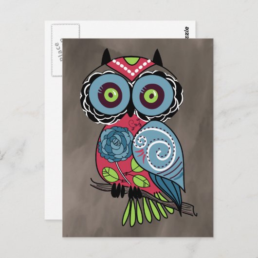 Folk Art Owl - wunderschön! Postkarte (Vorne/Hinten)