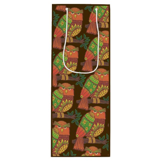 Folk Art Owls on Branches Jeder Anlass Geschenktüte Für Weinflaschen (Vorderseite)