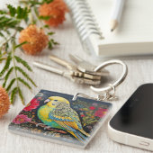 Folk Art Parakeet mit Blume Schlüsselanhänger (Vorderseite rechts)