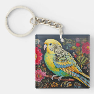 Folk Art Parakeet mit Blume Schlüsselanhänger