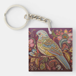Folk Art Parakeet mit Paisley und Blume Schlüsselanhänger