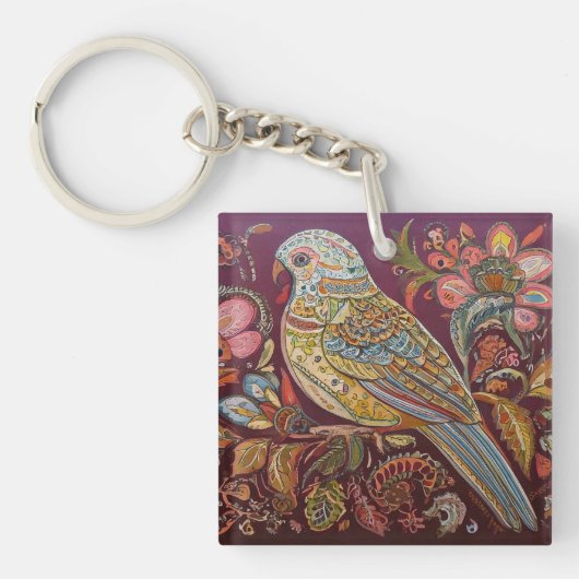 Folk Art Parakeet mit Paisley und Blume Schlüsselanhänger (Vorderseite)