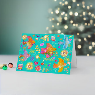 Folk Art Peace Doves Folded Foil Holiday Card