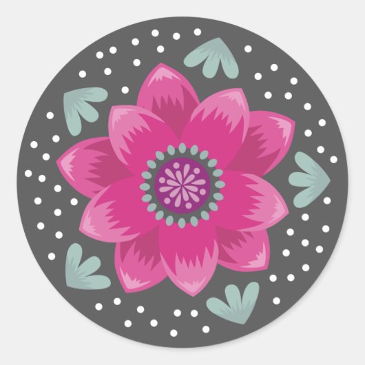 Folk Art Pink Blume Runder Aufkleber (Vorderseite)
