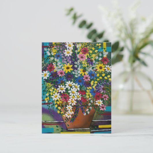 FOLK ART Pot of Daisy's by LORI EVERETT Postkarte (Stehend Vorderseite)