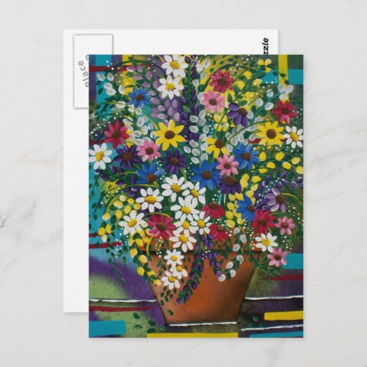 FOLK ART Pot of Daisy's by LORI EVERETT Postkarte (Vorne/Hinten)