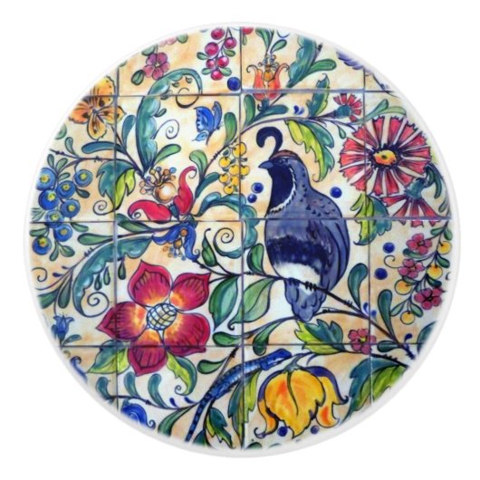 Folk Art Quail Lizard Floral Colorful Südwest Keramikknauf (Vorderseite)
