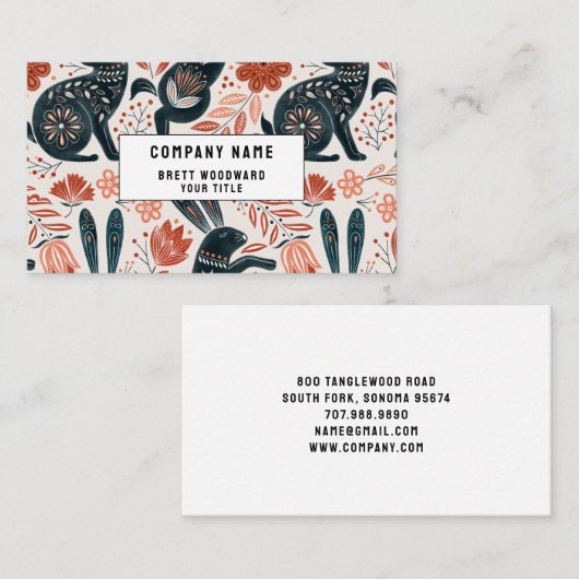 Folk Art Rabbit Florals Business Card Visitenkarte (Vorne/Hinten)