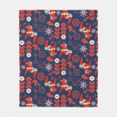 Folk Art Red Swedish Dala Horse Floral On Blue Fleecedecke (Vorderseite)