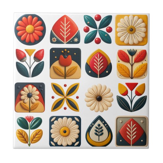 Folk Art Retro Blumenmosaik Akzent Fliese (Vorderseite)