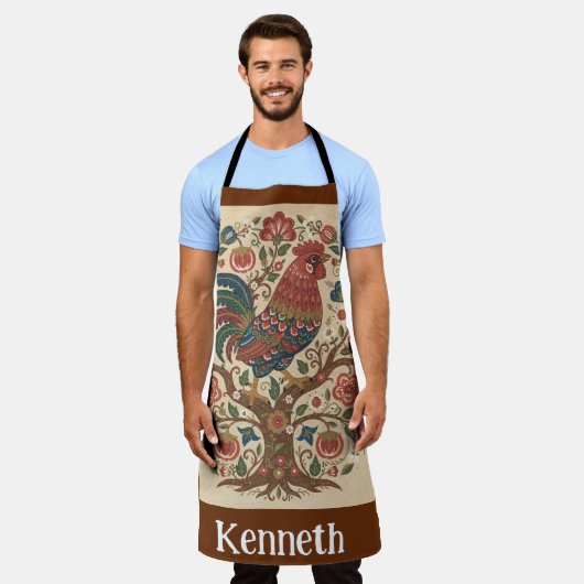 Folk Art Rooster Personalized Large Apron Schürze (Getragen)