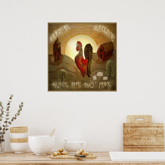 Folk Art Rooster Rise and Shine farm 24" x 24" Poster (Küche)