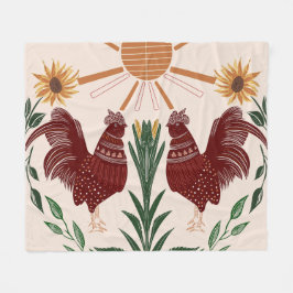 Folk Art Rooster Sunshine Symmetrisches Design Fleecedecke