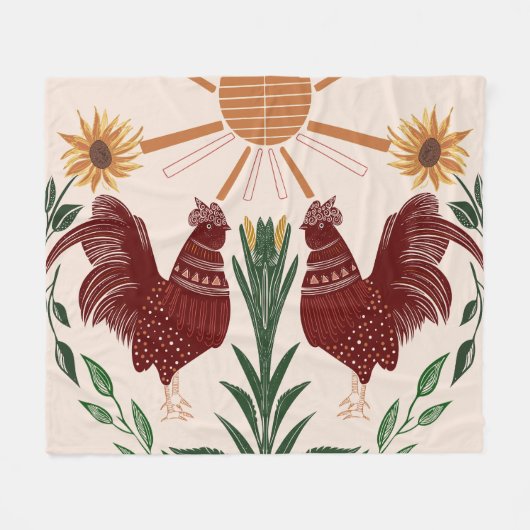 Folk Art Rooster Sunshine Symmetrisches Design Fleecedecke (Vorderseite (Horizontal))