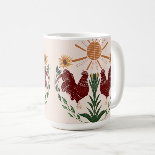 Folk Art Rooster Sunshine Symmetrisches Design Kaffeetasse (VorderseiteRechts)