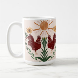 Folk Art Rooster Sunshine Symmetrisches Design Kaffeetasse
