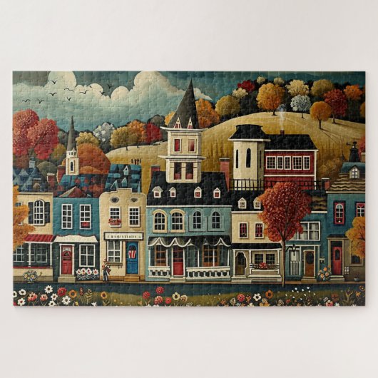 Folk Art Small Town Street im Herbst Puzzle (Horizontal)