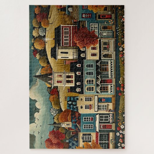 Folk Art Small Town Street im Herbst Puzzle (Vertikal)