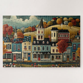 Folk Art Small Town Street im Herbst Puzzle