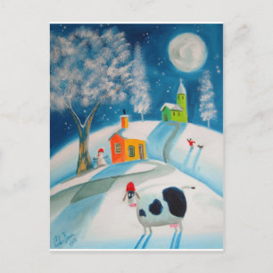 FOLK ART SNOW SCENE COW MOON POSTKARTE