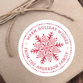 Folk art snowflake warm winter wishes white red runder aufkleber