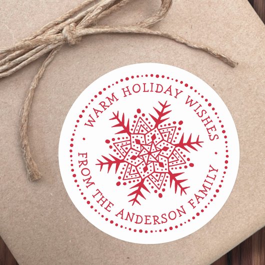 Folk art snowflake warm winter wishes white red runder aufkleber