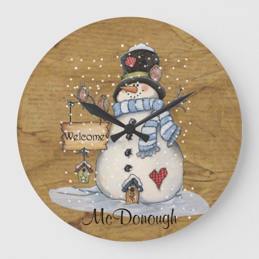 Folk Art Snowman in der Altzeitung Große Wanduhr (Vorderseite)