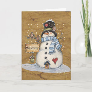 Folk Art Snowman on Parchment Grußkarte Feiertagskarte