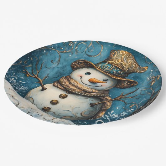 Folk Art Snowman Pappteller (Schrägansicht)