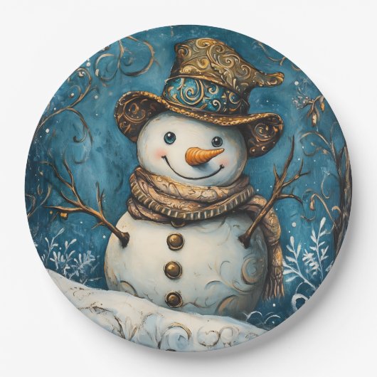 Folk Art Snowman Pappteller (Vorderseite)