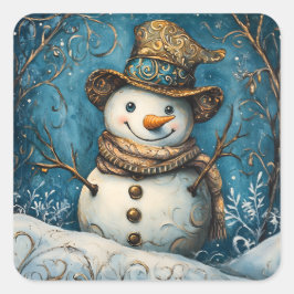 Folk Art Snowman Quadratischer Aufkleber