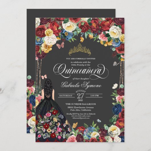 Folk Art Stickerei Butterfly Floral Quinceanera Einladung (Vorne/Hinten)