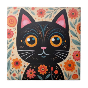 Folk Art Style Black Cat Fliese