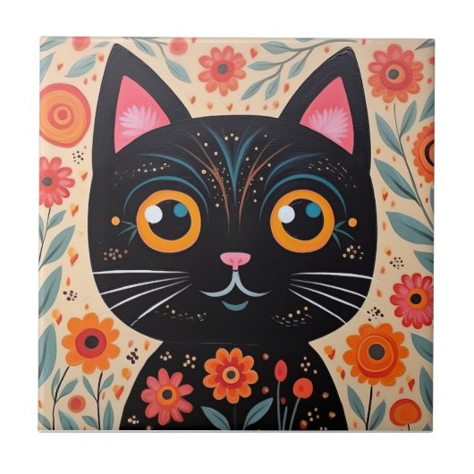 Folk Art Style Black Cat Fliese (Vorderseite)