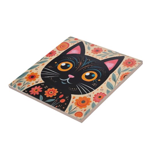 Folk Art Style Black Cat Fliese (Seite)