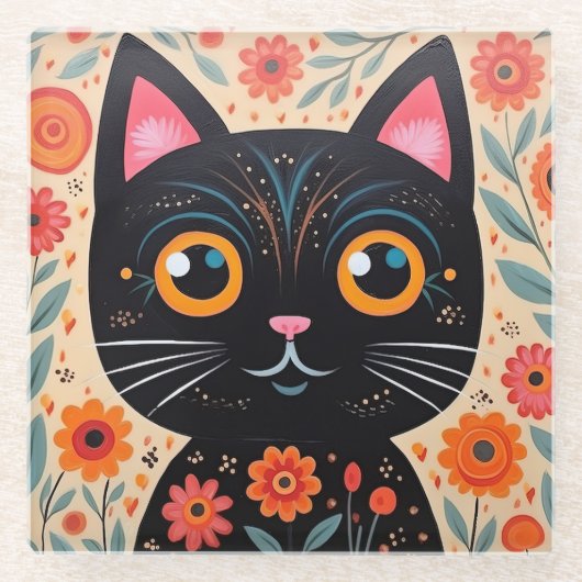 Folk Art Style Black Cat Glasuntersetzer (Vorderseite)