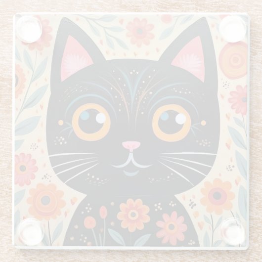 Folk Art Style Black Cat Glasuntersetzer (Rückseite)