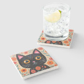 Folk Art Style Black Cat Steinuntersetzer (Seitenansicht)