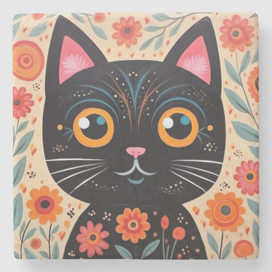 Folk Art Style Black Cat Steinuntersetzer (Vorderseite)