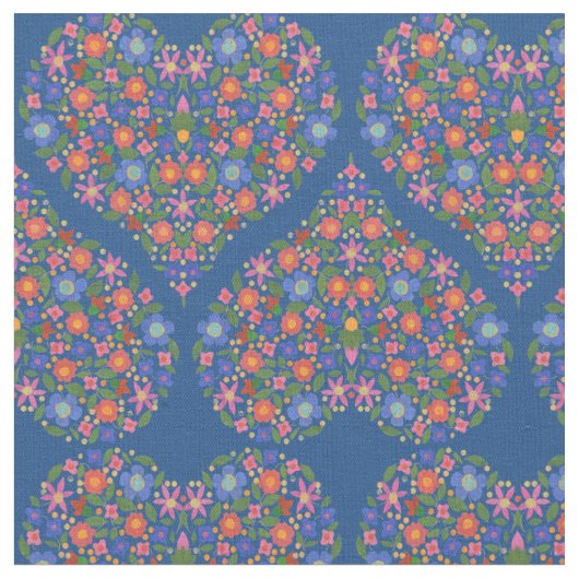 Folk Art Style Blumenherz auf Blue Custom Fabric Stoff (Nahaufnahme)