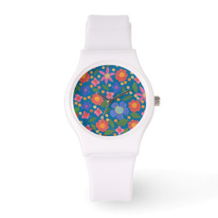 Folk Art Style Floral on Blue Sporty Wristwatch Armbanduhr