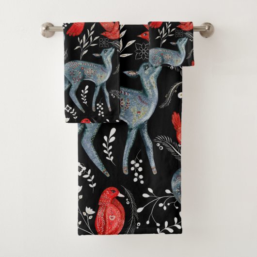 Folk-art style floral  pattern designs badhandtuch set (Insitu)