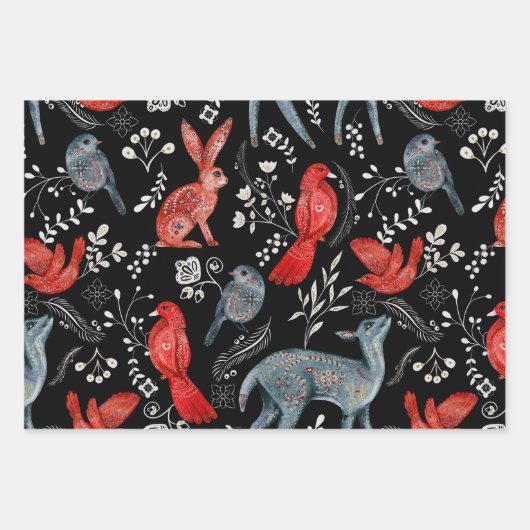 Folk-art style floral pattern designs geschenkpapier set (Vorderseite)