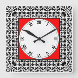 Folk Art Style Schwarz Rot und Weiß Landküche Quadratische Wanduhr