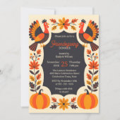 Folk Art Turkey Pumpkin Friendsgiving Dinner Party Einladung (Vorderseite)