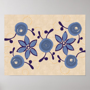 Folk Art Watercolor Blue Rose Linen Poster