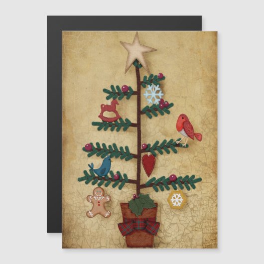 Folk Art Weihnachtsbaum mit Felt Look Ornamente Magnetkarte (Vorne/Hinten)