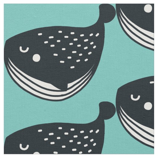 Folk Art Whale auf Aquamarin Stoff (Nahaufnahme)