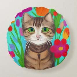 Folk Art Whimsical Style Cat und Blume Rundes Kissen