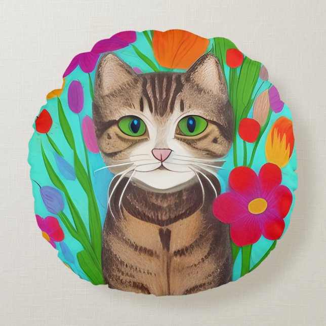 Folk Art Whimsical Style Cat und Blume Rundes Kissen (Vorderseite)